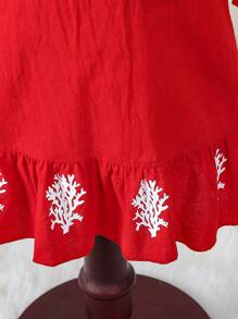 SHEIN Young Girl'S Hollow Out Shoulder Button-Front Top And Skirt Two Piece Set For Spring And Summer - Red - View 3