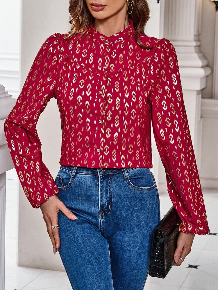 Ladies' Stand Collar Long Sleeve Shirt With Gold Foil Print Fall Cloth For Women