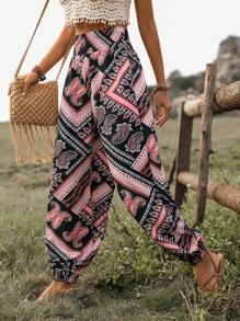 Breezaya Women's Resort Printed Shirred Waist Pants Fall Cloth For Women - Multicolor - View 5