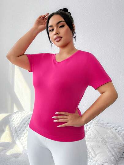 SHEIN Rhythm Era Women'S Plus Size Short Sleeve Pink Sports T-Shirt