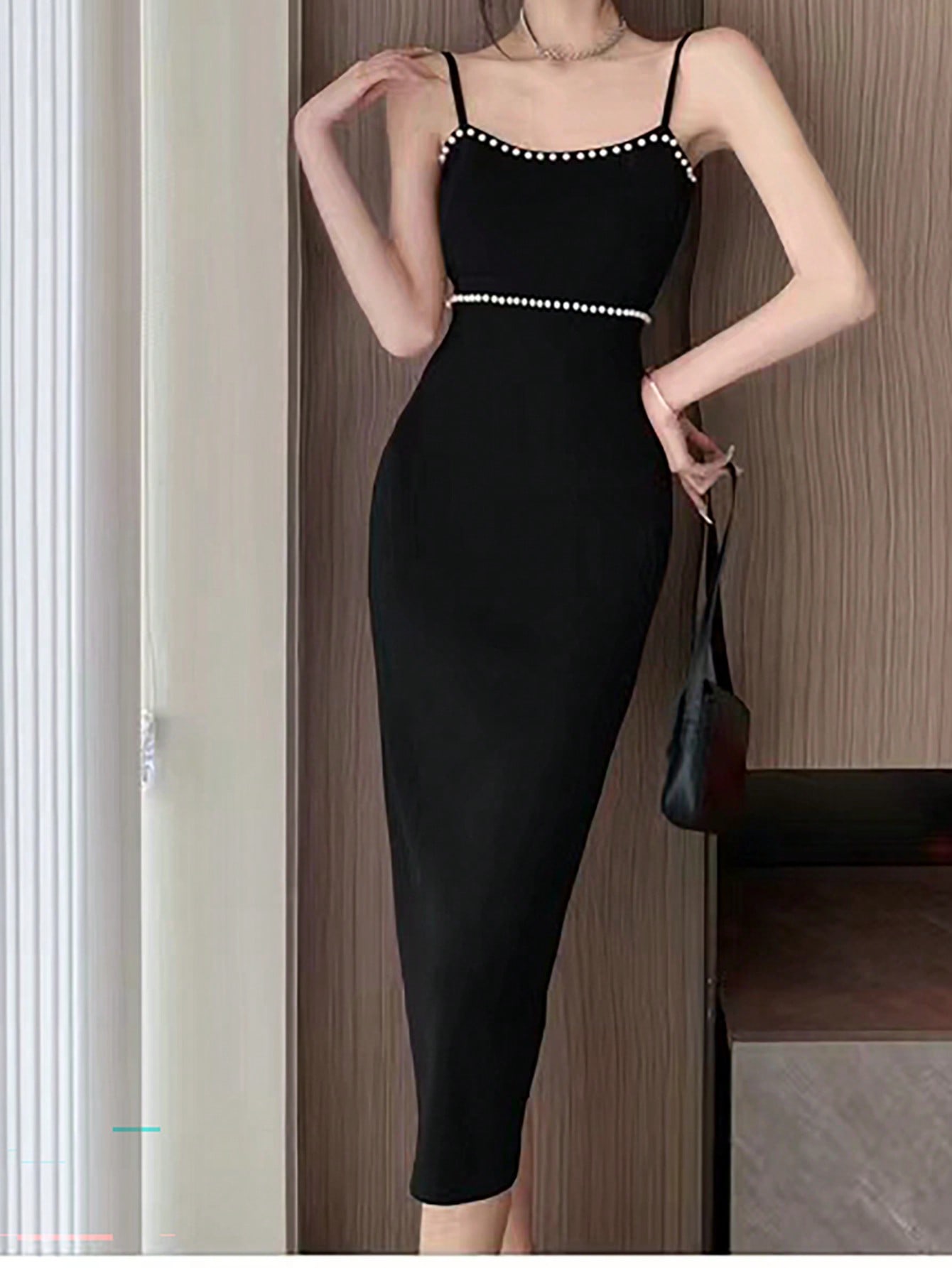 Women's Plus Size Black Pearl Embellished Cami Sweater DressEMMACLOTH