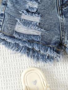 SHEIN Vintaside Kids Young Girl's Distressed Frayed Hem Denim Shorts - Dark Wash - View 3