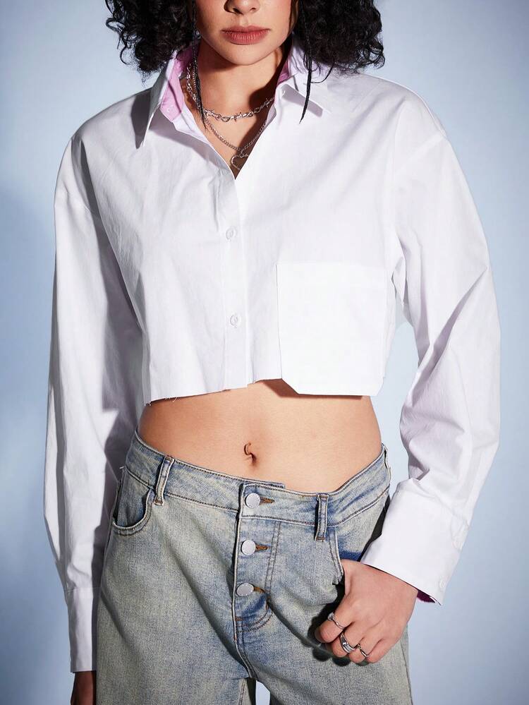 Ladies' White Lapel Shortened Long Sleeve Shirt