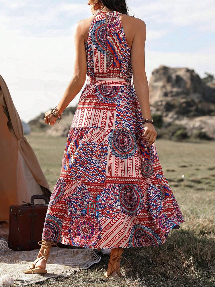Printed Asymmetrical Cut Cinching Waist Sleeveless Women'S Dress