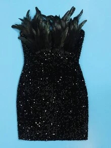 Women's Sexy Feather-Like Shoulder Exposed Sequin Dress - Black - View 4