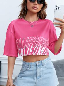 SHEIN EZwear Ladies' Stylish Pink Drop Shoulder T-Shirt With Letter Print - Hot Pink - View 4