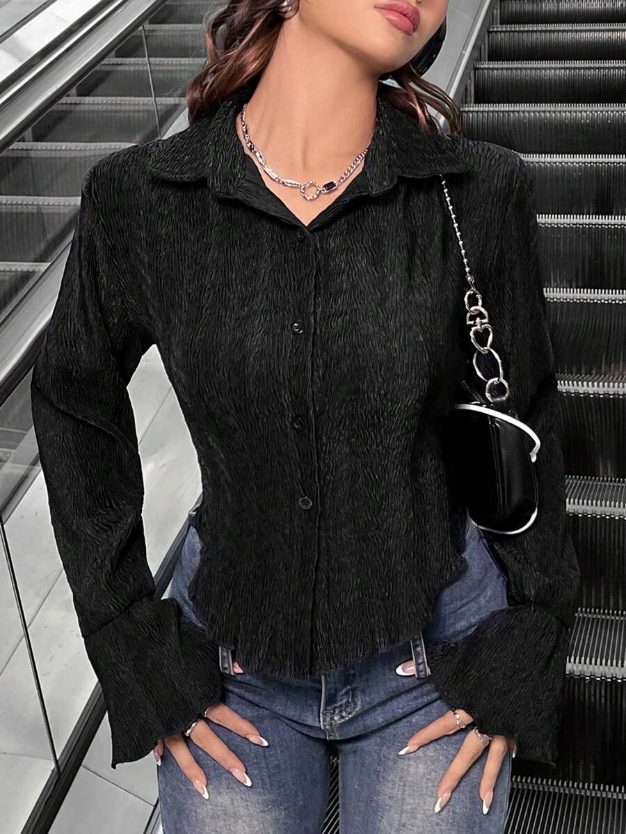 SHEIN Unity Ladies' Textured Long Sleeve Shirt - Black - View 1
