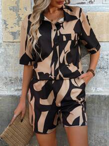 SHEIN LUNE Women'S Full Printed Shirt And Shorts Set - Multicolor - View 4