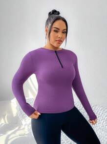 SHEIN Rhythm Era Plus Size Solid Color Zipper Design Slim Fit Sports Sweatshirt - Purple - View 3