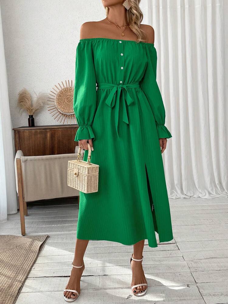 Solid Color Women's Off Shoulder Slit Dress Fall Cloth For Women