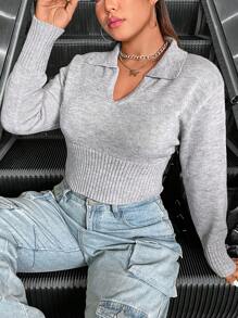 Flirla Áo len dài tay cổ chữ V đơn giản, cỡ lớn, thích hợp cho mùa thu đông. - Xám - Xem 7