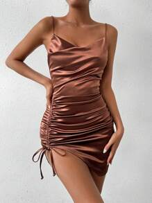 Allurite 女士百摺紋提花雪紡連身裙 - 咖啡棕 - 查看 1