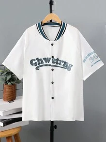 青少年男孩短袖字母印花鈕扣前衣 - 白色 - 查看 1