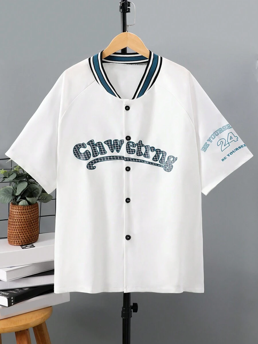 青少年男孩短袖字母印花鈕扣前衣 - 白色 - 查看 1