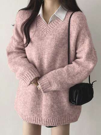 2025 New Arrival Loose Fit Women V-Neck Long Sleeve Sweater, Autumn/Winter