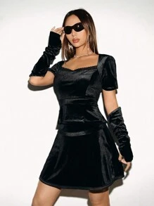 SHEIN Unity Women's Fashion Solid Colored Velvet Short Sleeve Top And Skirt Set - Black - View 5