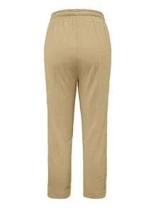 Solid Color Button Detail Drawstring Waist Pants