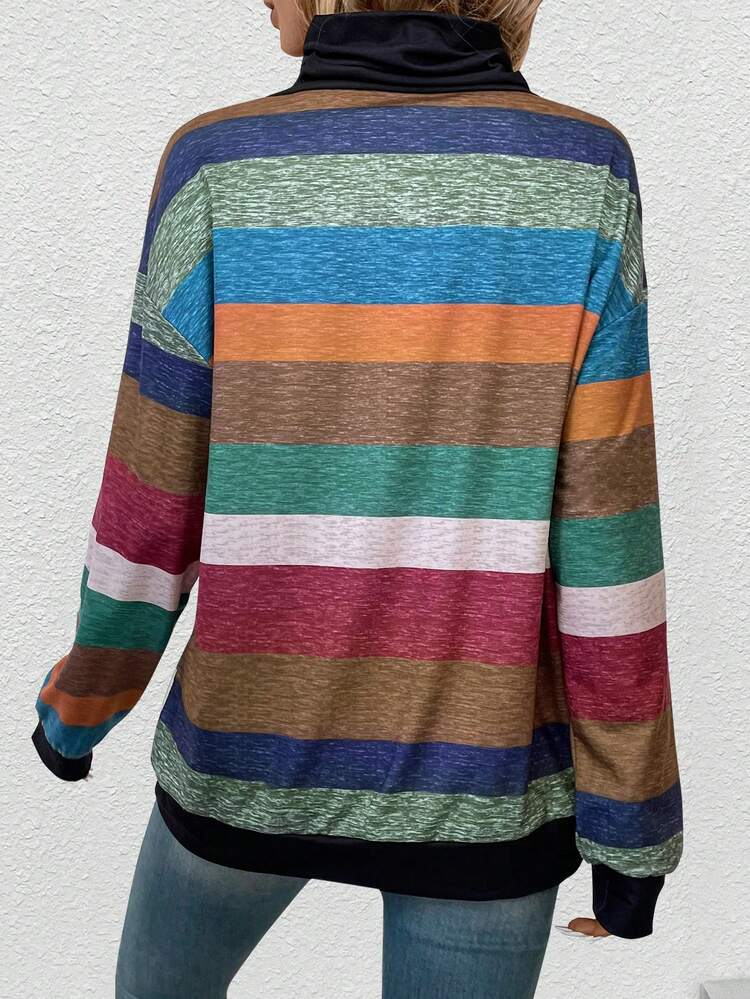 Random Striped Button Decorated Long Sleeve Sweatshirt Pullover Fall Sweatshirt