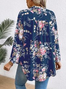 EMERY ROSE Women's Navy Blue Notch V-Neck Floral Printed Blouse Fall Cloth For Women - Blue - View 2