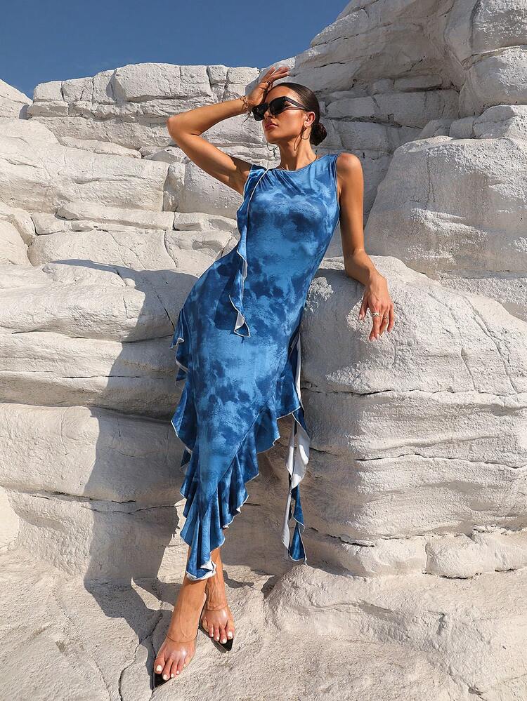 Women'S Patchwork Tie Dye Strapless Dress With Ruffle Hem