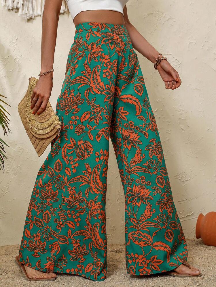 SHEIN VCAY 隨機印花寬腿褲 - 綠色 - 查看 6