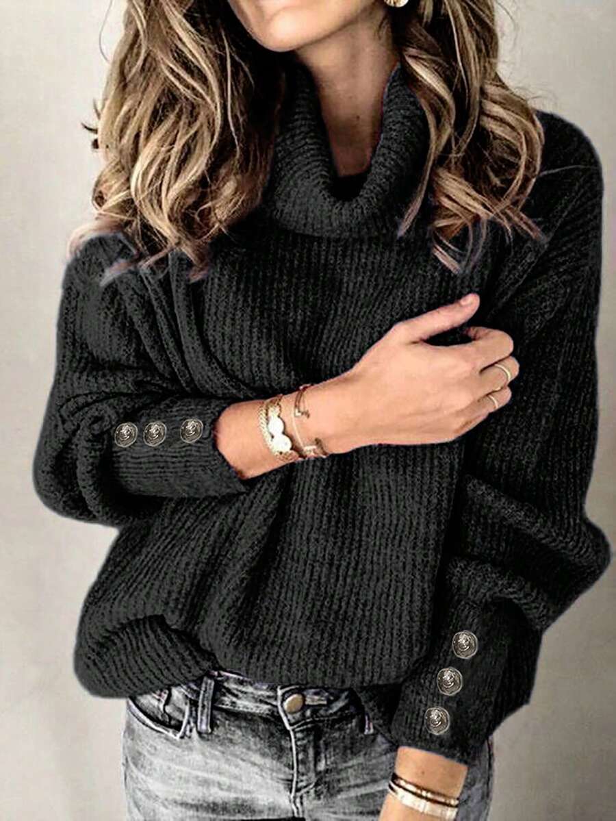 1pc Women High Neck Long Sleeve Solid Color Knit Sweater With Button Detail, Autumn/Winter - Black - View 1