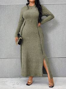 Celure 大尺碼長袖交叉前面呈不對稱下擺連衣裙