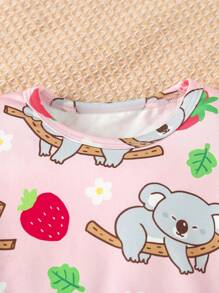 Baby Girl's Pink Koala Animal Printed Long Sleeve T-Shirt And Pants Snug Fit Homewear Pajama Set