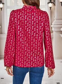 SHEIN Clasi Ladies' Stand Collar Long Sleeve Shirt With Gold Foil Print Fall Cloth For Women - Burgundy - View 2