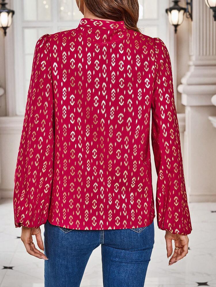 Ladies' Stand Collar Long Sleeve Shirt With Gold Foil Print Fall Cloth For Women