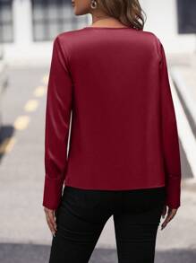 SHEIN Clasi 翻領長袖襯衫 - 酒紅色 - 查看 2