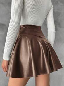 EURMUSE Solid Color Side Zipper Skirt - Mocha Brown - View 2