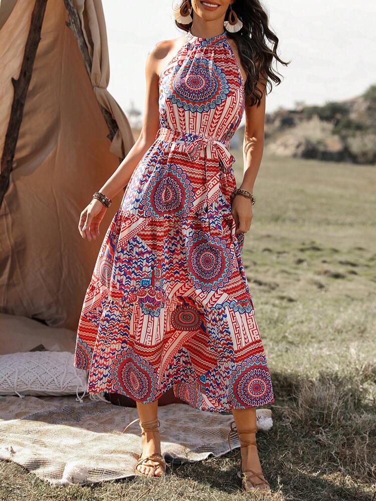 Printed Asymmetrical Cut Cinching Waist Sleeveless Women'S Dress