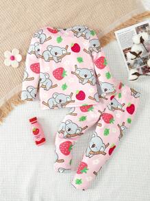 Baby Girl's Pink Koala Animal Printed Long Sleeve T-Shirt And Pants Snug Fit Homewear Pajama Set