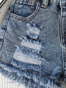 SHEIN Vintaside Kids Young Girl's Distressed Frayed Hem Denim Shorts - Dark Wash - View 5