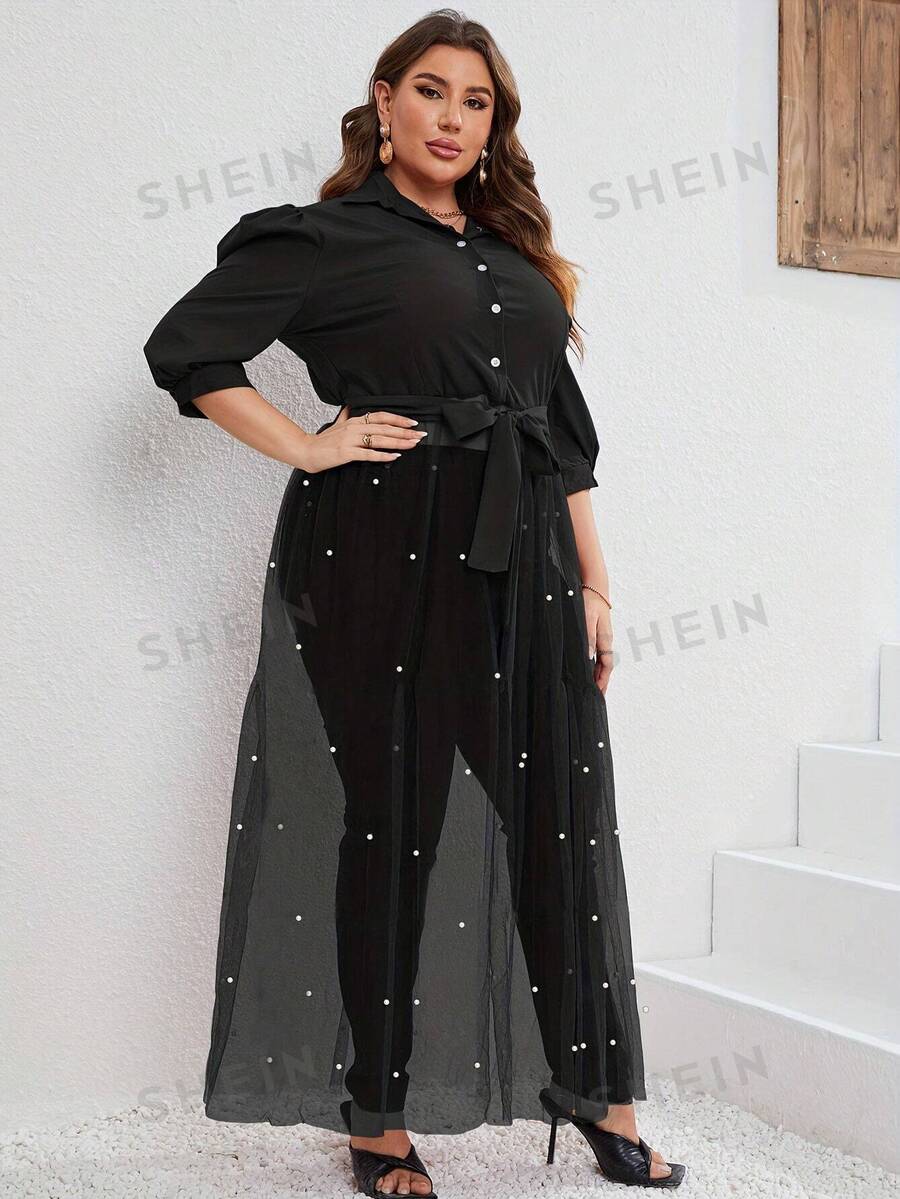 SHEIN Clasi Vestido negro de mujer de tallas grandes con contraste de malla