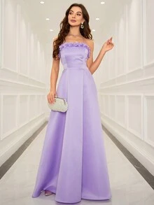 Backless Evening Cami Dress With 3d Floral - Mauve Purple - View 3