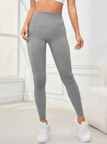 Yoga Basic 女款純色加寬腰無縫高腰運動緊身褲 - 灰色 - 查看 2