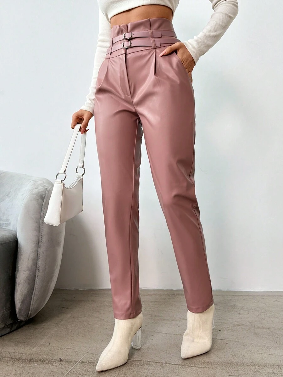 EURMUSE Pantaloni conici Pu cu talie dublă pentru femei - Liliac violet - Vizualizare 1