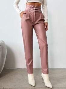 EURMUSE Pantaloni conici Pu cu talie dublă pentru femei - Liliac violet - Vizualizare 5
