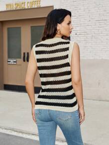 Aveloria Women'S Contrast Color Striped Hollow Out Knitted Sweater Vest - Multicolor - View 2