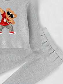 SHEIN 2 件套年轻男孩新款时尚卡通印花圆领长袖运动衫和裤子休闲运动装秋冬季 - 灰色 - 查看 4