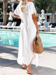 Casual Ruched Button Slit Side Split Button Hem Long Kimono Swimsuit Beach Dresses Summer