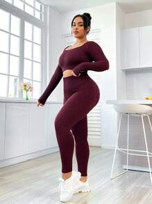 Easithlete Women'S Plus Size Sports Tracksuit With Ribbed Pattern, Long Sleeve And Long Pants - Burgundy - View 5