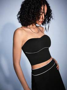Forever 21 Women'S Color-Blocked Stitching Strapless Top And Skirt Set With Edging - Black - View 3