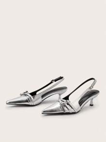 婚礼派对性感别致银色细高跟尖头高跟鞋，金属细节装饰，情人节优雅小猫跟鞋 - 銀色 - 查看 5