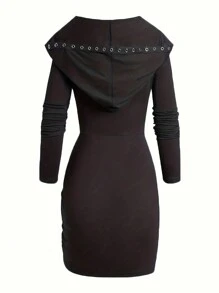 SHEIN Clasi 女士時尚純色長袖連帽連身裙 - 黑色 - 查看 1