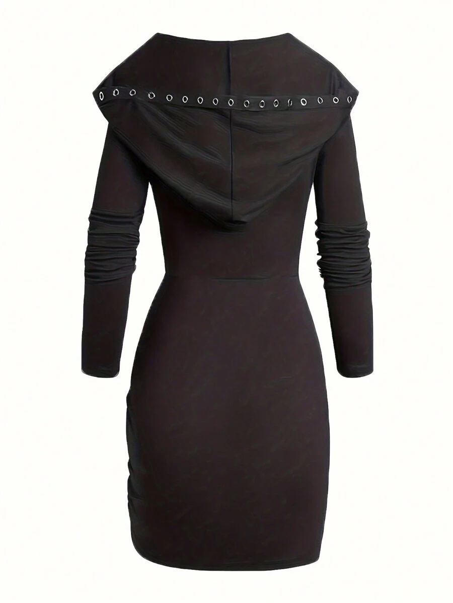 SHEIN Clasi 女士時尚純色長袖連帽連身裙 - 黑色 - 查看 1