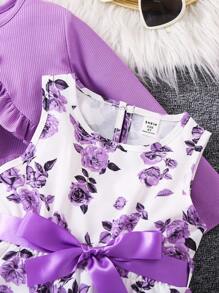 SHEIN Conjunto de dos piezas para niñas jóvenes, con vestido morado con estampado floral y volante en el bajo, y una chaqueta de punto acanalado - Morado - Ver 4