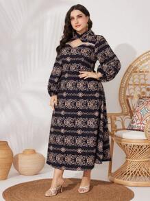 Modelyn Vestido De Manga Larga Con Estampado Al Azar En Talla Grande - Negro - Ver 7